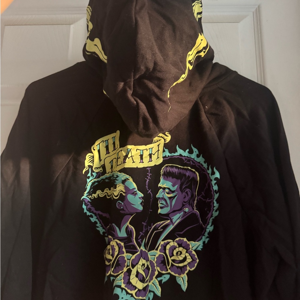 Black Graphic Hoodie with Frankenstein and bride of Frankenstein Design